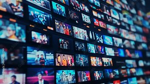 Streaming service interface showing multiple TV show and movie thumbnails on digital screen