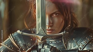 Beautiful female warrior in medieval metal armor with sword. Fairy tale stories about warriors, movie tone