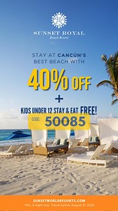 Escape to Cancun with 40% Off and Up to 2 Kids FREE! Enjoy the All-Inclusive experience at Sunset Royal, located on the best beach in Cancun’s Hotel Zone. White sand, turquoise waters, and unforgettable moments await you! Book now and travel before August 31, 2025. *Valid for children under 12 sharing a room with their parents. Minimum stay of 3 nights. | Sunset Royal Beach Resort