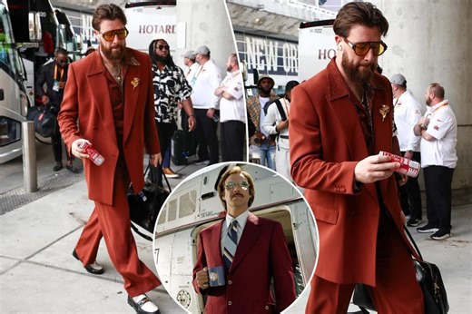 Travis Kelce rocks ‘70s-inspired ‘Anchorman’ suit for Super Bowl 2025: ‘I’m Ron Burgundy’