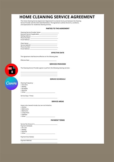 Home Cleaning Service Agreement Template | Editable Canva PDF (instant Download) - Etsy