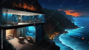 Stunning Cliffside Hotel by the Sea: Enchanting Nighttime Views and Atmosphere