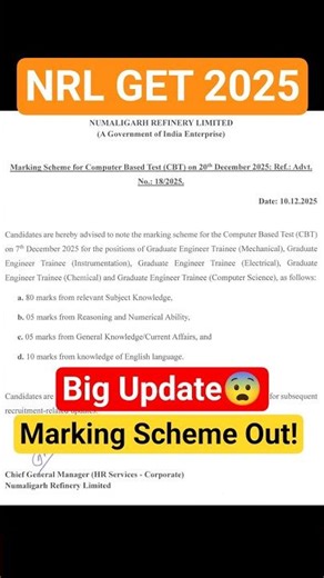 NRL GET 2025 Marking Scheme Out #nrl #psujobs2025 #sscje #ssc #rrb #rrbje #gate #gate2026 #psu