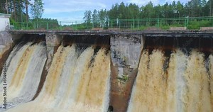 Slow motion, aerial footage of Hydroelectric Dam, Waterfall. Hydropower Plant.