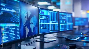 In a sleek modern office space a group of employees focus on their screens as they run routine security scans using their companys trusted encryption software. Stock Video