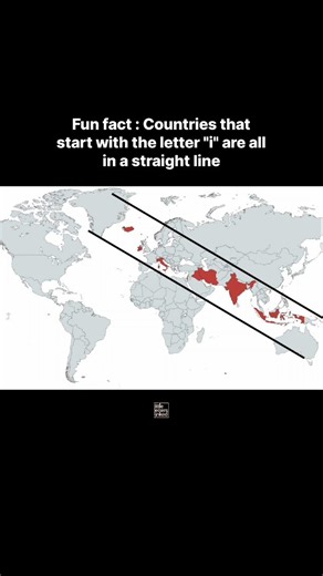 Little Letters Linked on Instagram: "A curious pattern on the world map shows that many countries starting with the letter “I” seem to fall in a nearly straight line. Countries like India, Iran, Iraq, Israel, and Indonesia appear aligned from west to east across Asia. This unusual alignment has caught attention online, with users pointing out how closely these nations follow a linear path. In total, there are eight “I” countries: India, Indonesia, Iran, Iraq, Israel, Italy, Ireland, and Iceland.