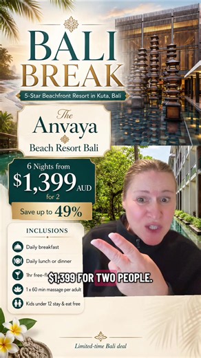 Bali Beachfront Resort in Bali. Anvaya Beach Resort Bali 6 Nights from $1399 for 2 people. Link in bio or go to aussietravelgal.com #bali #traveldeals #baliindonesia #budgetfriendlytravel #anvaya