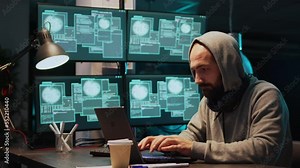 Male hacking thief working on security breach, creating cyber attack on data server. Hacking computer system and software, breaking database security and stealing program information. Handheld shot.