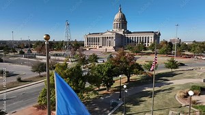 Oklahoma flag, oil well and state capitol building. Symbols of OKC. Oklahoma City. USA American flag with OK flag.