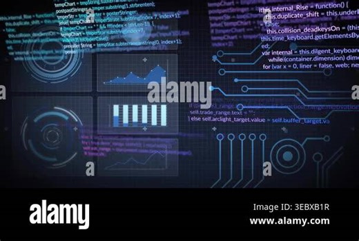 On load starting code snippets fading, updating gauges and charts, pulsing circuits for monitoring. Futuristic, technology, cybernetic, innovation, digital, analytics, automation Stock Video Footage - Alamy