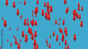Red Arrow rain animation sign symbol on blue screen, red color moving down cartoon arrow 4K animated image video overlay elements