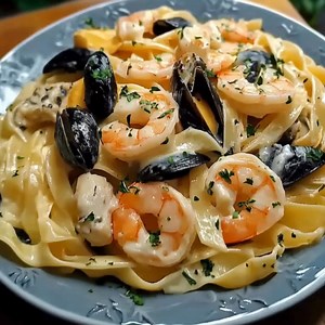 Tagliatelles aux Fruits de Mer Ingrédients: 1. 400 g de tagliatelles 2. 300 g de fruits de mer surgelés (moules, crevettes, calamars) 3. 100 g de champignons de Paris (frais ou surgelés) 4. 1 échalote hachée 5. 2 cuillères à soupe de persil haché 6. 50 g de beurre Directions: Préparer les Tagliatelles: 1. Faire cuire les tagliatelles selon les instructions sur l'emballage. Égoutter et réserver. Préparer les Fruits de Mer: 2. Dans une poêle, faire fondre le beurre à feu moyen. 3. Ajouter l'échalo