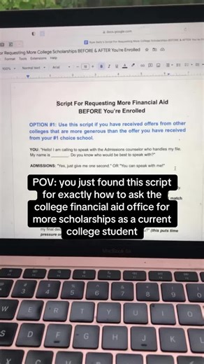 Comment “SCRIPT” for my free script on exactly how to ask the college financial aid office for more scholarships, whether your student is applying or already accepted to a college. This script has helped so many families increase their scholarships by thousands with a simple email! Can’t wait for your to use this. Just comment “SCRIPT” and I’ll send it over.