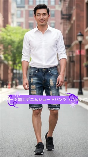 メンズ ダメージ加工のパッチ付きデニムショートパンツ、夏向けストリートファッション、ジッパーフライとポケット付き、日常使いに最適なメンズボトムス #スリムパンツ #sneakers #adidasoriginals #menfashion #jojokicks #poloshirt #ショートパンツおすすめ #プチプラ日焼け止め #menshairstyle #uniqlosale