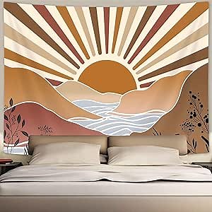 Boziqr Boho Tapestry Wall Hanging for Bedroom Aesthetic, Cute 70s Abstract Sun Mountain Tapestries for Living Room, Retro Wall Tapestry for Dorm Room Classroom Decor 80x60 Inch