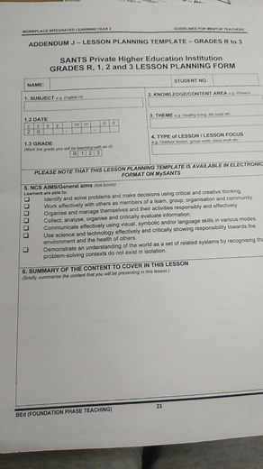 The image shows a lesson planning template for SANTS Private Hi... | Filo