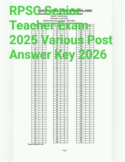 RPSC Senior Teacher Exam 2025 Various Post Answer Key 2026