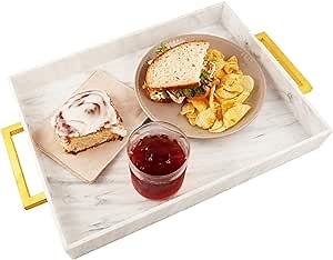 Acrylic Serving Tray with Gold Handles, 16" x 12" Decorative Tray for Coffee Table, Spill-Proof Server for Food and Drinks. Multipurpose for Kitchen, Countertop, Vanity, Ottoman, and Parties (Marble)