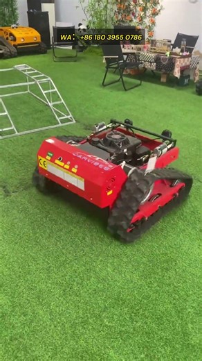 Remote-controlled lawnmower, remotely operated, with optional gasoline or diesel power.