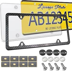 Amazon.com: FBJTDQ License Plate Cover Frame Combo- Carbon Fiber License Plate Frame and Flat Clear Cover, Novelty Unbreakable Car Tag Protector for US Plate, with Rust Resistant Screws Caps, Rattle Proof Pads : Automotive