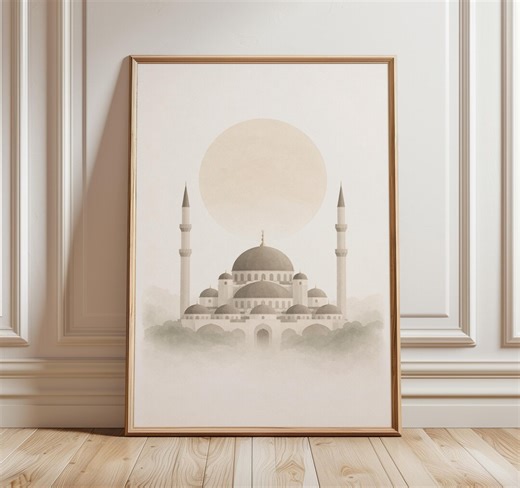 Islamic Wall Art Print, Minimal Mosque Silhouette, Neutral Beige Japandi Decor, Modern Islamic Architecture Artwork