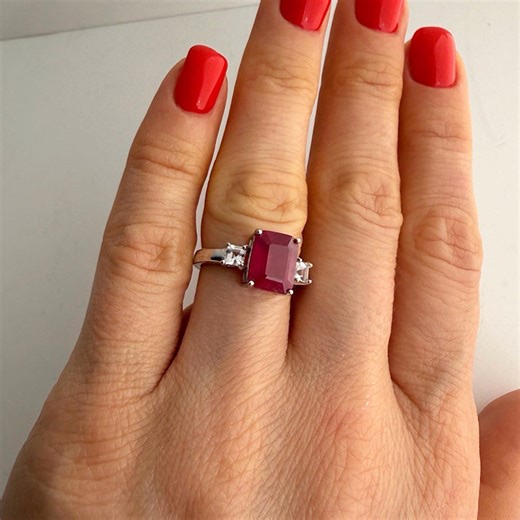 Large Natural Red Ruby Three Stone Cocktail Ring, Emerald Cut 2.8ct, Handcrafted Sterling Silver 925, Rhodium Plated - Etsy