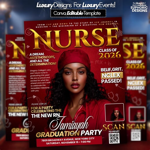 Nurse Graduation Magazine Invitation, Gold Red Editable RN Grad Party Invite, Medical School Nurse Celebration Template DIY - Etsy