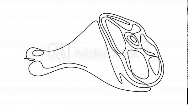 Animated self drawing of continuous line draw of raw meat, meat on bone, pork. The concept of cooking meat dishes. Full length one line animation. 4K