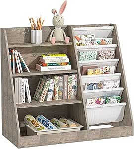 4 Tier Kids Bookshelf Wooden, Five Layer Sling Children Bookcase, Baby Toddler Storage Book Rack, Book and Toy Organizer Cabinet Chest, Book Display Shelf Stand, Playroom Nursery Classroom Library