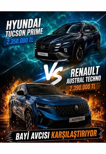 Marka ismi mecbur 'reklam' Bayi Avcısı Karşılaştırma Konseptinde bugünkü video konuklarımız C SUV sınıfının iddialı iki temsilcisi Hyundai Tucson ve Renault Austral Hyundai Tucson Teknik Detaylar 1598 cc benzin 4 silindir turbo 180 HP 265 NM 0-100: 9.4 sn 7DCT Maksimum Hız: 205 km/h Yakıt Tüketimi: 7.6 lt (Fabrika Verisi) Uzunluk: 4525 mm Genişlik: 1865 mm Yükseklik: 1650 mm Aks Mesafesi: 2680 mm Net Ağırlık: 1551 kg Bagaj Kapasitesi: 620 lt Yakıt Tankı: 54 lt Lastik Ölçüleri: 235/55 R18 Renault