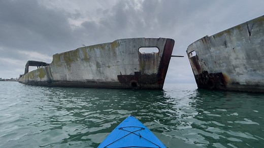 Kayak next to WWII concrete ships at Kiptopeke State Park on Eastern Shore