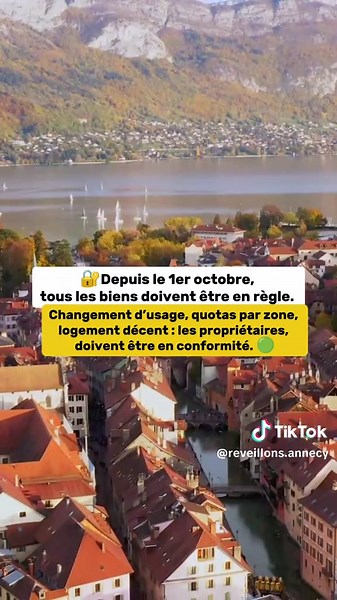 🏡 À Annecy, le nouveau règlement régulant les Airbnb et autres meublés de tourisme, est entré en vigueur. Depuis le 1er octobre, tous les biens doivent être en règle. Demande d'autorisation de changement d’usage, respect des quotas par zone, logement décent et performance énergétique : les propriétaires, doivent être en conformité. ✔️ Une seule autorisation par propriétaire, valable 4 ans, non transférable. La Ville agit pour préserver le logement permanent et limiter les Airbnb. #airbnb #annec