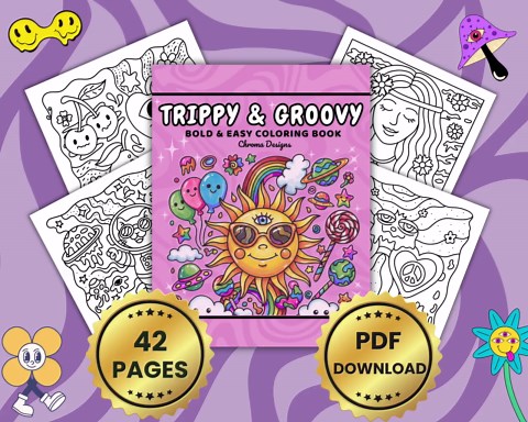Trippy Groovy Coloring Book | 42 Bold & Easy Psychedelic Coloring Pages for Adults | Relaxing Printable PDF | Abstract Animal Designs - Etsy