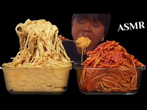 ASMR TOMATO SAUCE & CHEESY CREAMY ALFREDO SPAGHETTI MUKBANG (Talking ) Sticky Eating Sounds| Vikky