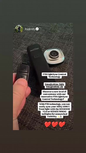 FTR Family (SEEMEE50 V2.0 SEEMEE50 MAG ALLTY1200U) You can easily turn the light on/off, switch modes, adjust brightness, and activate maximum output with a single click. The front light can independently control the taillight even without the remote, allowing effortless control at your fingertips. #magicshine #bikelight #ALLTY1200U #Cycling #gravelride #roadcycling | Magicshine