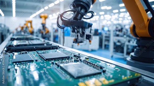 Robot arm assembling electronic circuit boards in a smart factory