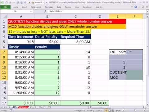 Excel Magic Trick 885: Calculate Payroll Penalty For Every 15 Minute Late QUOTIENT & MOD