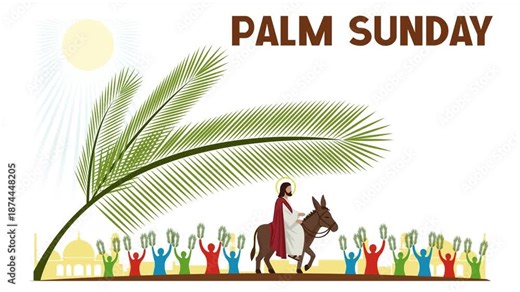 Animated Palm Sunday Illustration of Jesus Christ Riding a Donkey with Palm Leaves Celebration