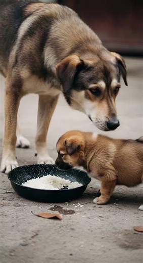 Puppy at the milk bowl, is big dog the most patient parent ever?