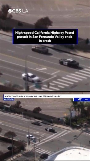 A high-speed California Highway Patrol pursuit ended in a crash and with a driver in custody in the San Fernando Valley on Thursday afternoon. SkyCal flew over the pursuit, where the driver could be seen traveling at speeds over 90 mph on the southbound 5 Freeway. The crash ended when a CHP patrol unit crashed into the car near the Burbank Airport. | CBS LA