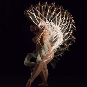 From dance to design ~ In the early design process of the 'Meta Morphism’ collection, Iris van Herpen collaborated with Michael Langan who captured the dancer Yuanyuan Zhang transforming through chrono-photography. The transforming textures, made by the atelier, that sculpturally echo around Zhang were then taken as inspiration to design the silhouettes and movements within the collection. The dancer's metamorphoses through chrono-photography reflect the seed inspiration of the collection; Ovid’