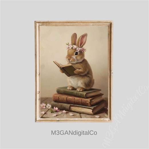 Vintage Bunny Reading a Book Art, Spring Easter Bunny Wall Decor, Cute Rabbit Painting, Moody Nursery Print, Bookworm Gift, Digital Download - Etsy