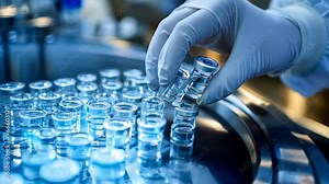 A close-up of medical vial inspection conducted by a pharmaceutical technician, with a focus on the precision and care involved in sterile manufacturing processes