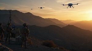 Military personnel observe multiple drones in flight during a sunset operation, highlighting advanced technology and strategic surveillance in rugged terrain | Premium Stock Video Footage