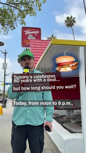 Today, Original Tommy's World Famous Hamburgers is selling chili burgers for 80 cents at any of there locations from noon to 8 p.m., because Tommy’s is turning 80 years old. Which raises an important line math question, how long can you wait in line before the deal stops being worth it? Yesterday @tom stopped by the original location and paid $6.04 after tax for a chili burger. Today that same burger is about 87 cents after tax, which means you save roughly five bucks. If your time is worth arou
