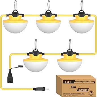 YXL 8000LM 65W Construction String Lights, 50FT Industrial String Work Lights, IP65 Waterproof 18AWG Wire 5000K Super Bright for Construction Sites Temporary Work Jobsites Outdoor Lighting (2Prong)