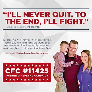 The Combined Federal Campaign (CFC) is an opportunity for federal employees, both military and civilian, to give back to eligible nonprofit organizations. We hope you’ll consider supporting Wounded Warrior Project again this year during the world’s largest and most successful annual workplace-charity campaign. Choose WWP, CFC #11425. http://bit.ly/WWP_CFC | Wounded Warrior Project