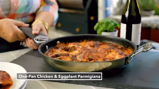 This easy chicken-and-eggplant parmigiana is all cooked and layered in one skillet. I brown both ingredients in olive oil, but skip the breading, which saves time and is healthier, and then proceed to make the sauce, top with cheese, and - done! Quick and delicious! #LidiasRecipes #LidiasItaly #LidiasKitchen #LidiaBastianich #ItalianFood #LidiasTheArtofPasta #LidiasOliveOil https://lidiasitaly.com/recipes/one-pan-chicken-eggplant-parmigiana/ | Lidia Bastianich