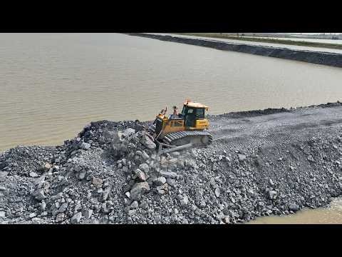 Fantastic Project Skills Operator Push Rock Filling In Water Building Road BY SHANTUI Dozer