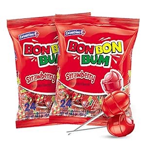 Colombina Bon Bon Bum Strawberry Bubble Gum Lollipops - Strawberry Flavored Lollipops Individually Wrapped -Bubble Gum Filled Hard Candy Suckers 14.4 oz bag (48 count) - 2 Pack